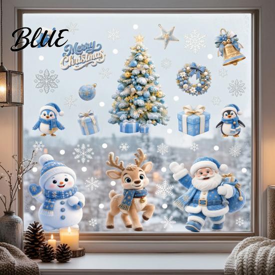 Winter Wonderland Wall Decals 4Pcs Christmas Static Window Clings Blue Santa Snowman Reindeer Penguin Double Sided Decorations Stickers Reusable