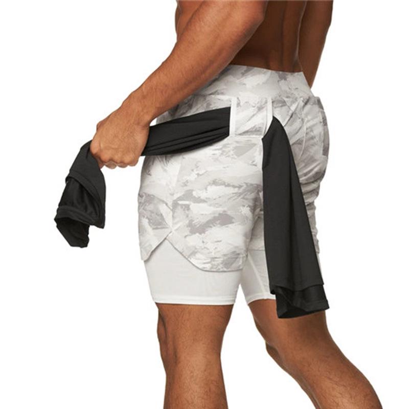 Men's Double Layer Color Block Sports Shorts with Hang Towel - Breathable, Solid Color Fitness Running Shorts.