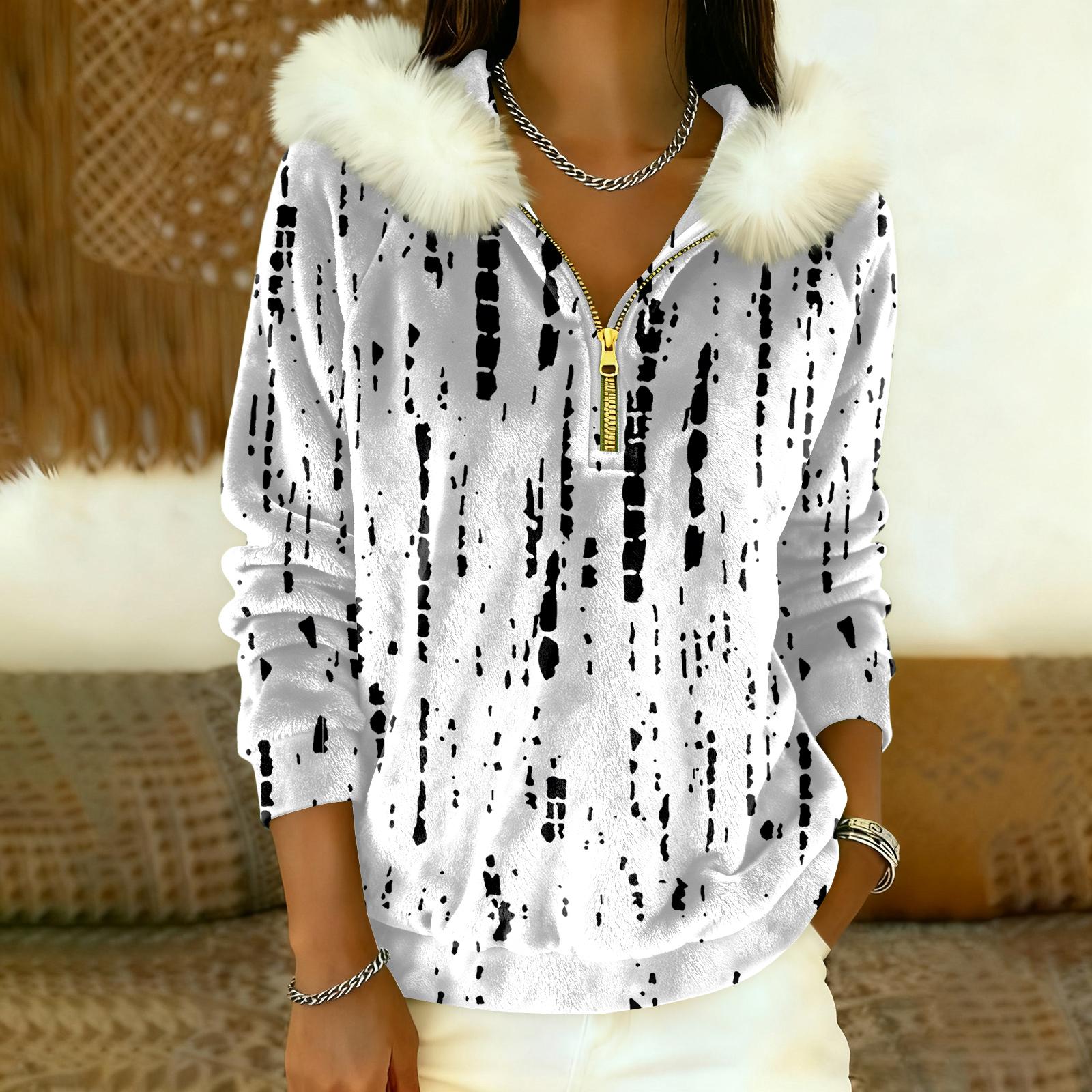 

Women s Loose And Comfortable Casual Fashion Half-Zip Hooded Long Sleeve Conventional Printing Top L