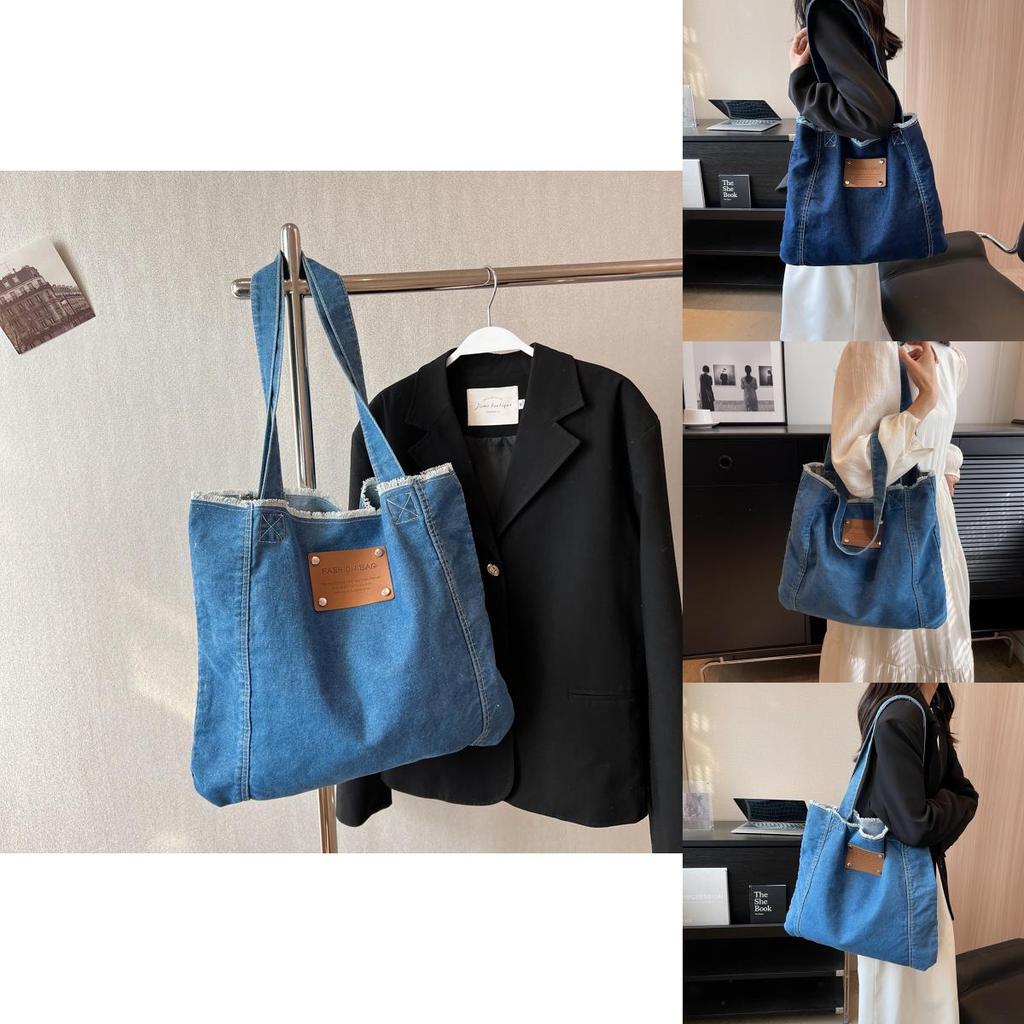 New Korean Style Denim Bag Women Harajuku Lazy Fashion Large Capacity Shoulder Bag Japanese Casual College Student Backpack Street Trend Deep Blue