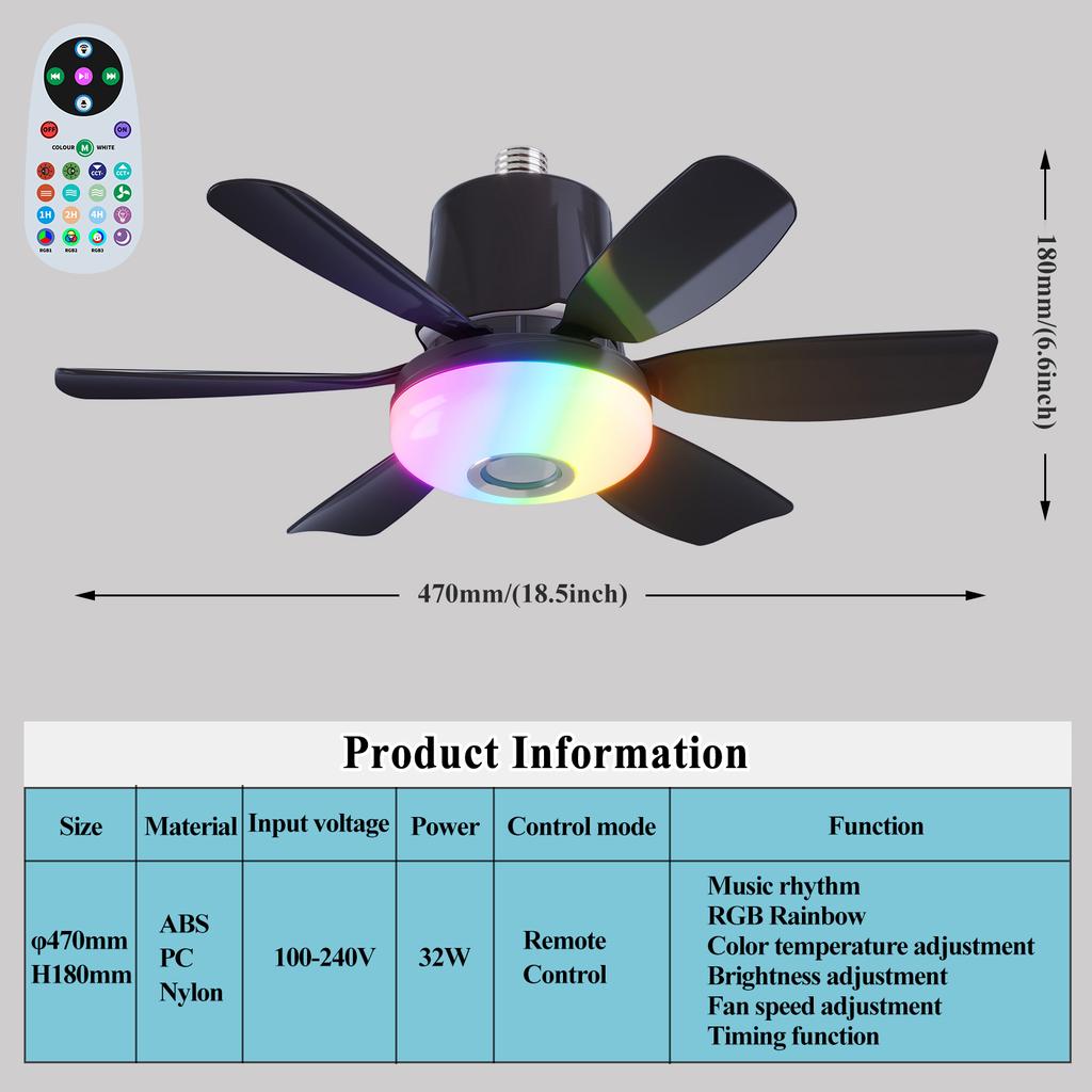 Smart Rgb Rainbow Music Rhythm Speaker Led Ceiling Fan with Dimmable Light  Remote Control 3 Speeds Timer
