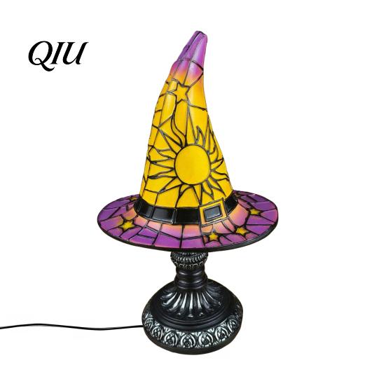 Halloween Desk Decor Stained Glass Witch Hat Lamp, Table Lamp with Inline Switch, USB Powered Small Bookshelf Accent Light Style for Bedroom