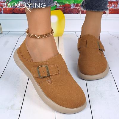 Women Flats Loafers Shoes Suede Designer Buckle Casual Shoes Winter New Brand Trend Walking Soft Comfort Femme Chaussures
