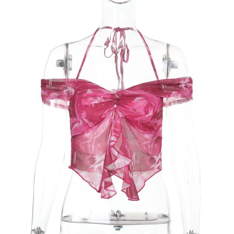 

Elsa European and American New Vest Women Hanging Neck Print Top Holiday Style Gyaru Sexy Fashion Sling Summer Rose Red L