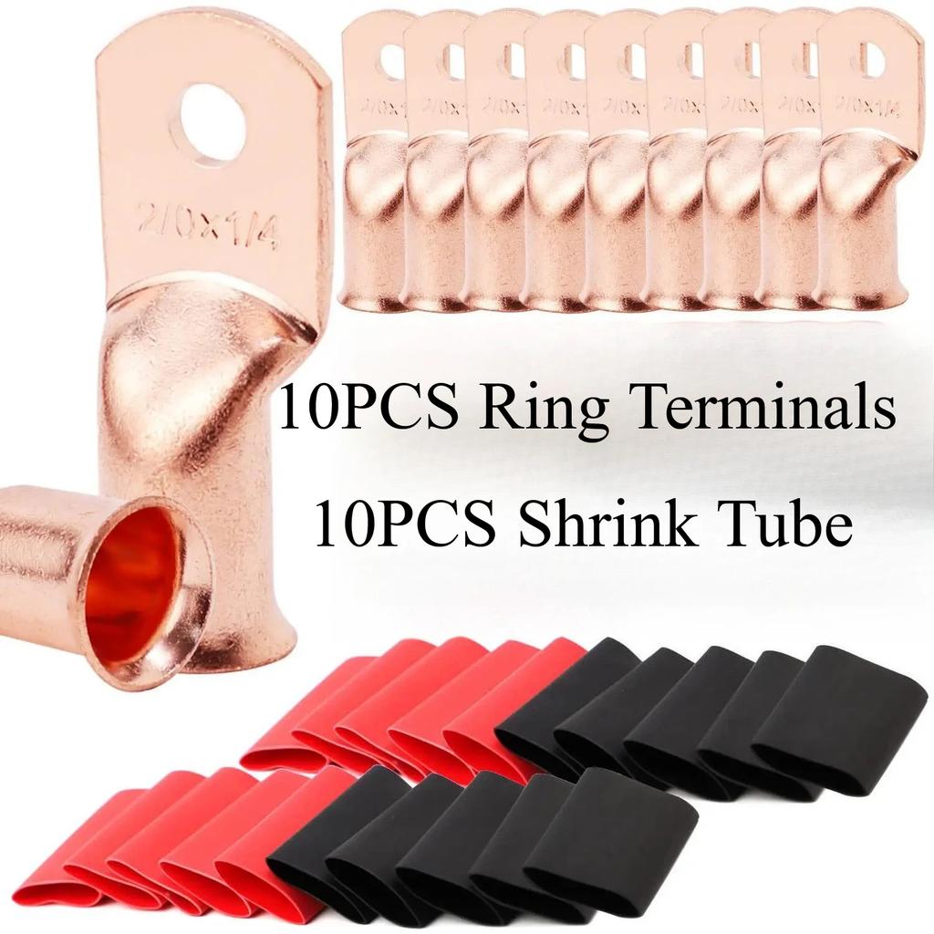 20pcs Copper Terminal Connectors, AWG 1/0 2/0 2 4 6 8 Ring Lug Kit With Shrink Tubing & Battery Cable Lugs
