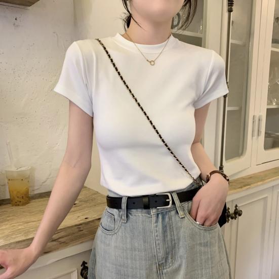 Women Slim Fit T-shirt O-neck Short Sleeve Pullover Tops Solid Color Stretchy Soft Tee Shirt Streetwear
