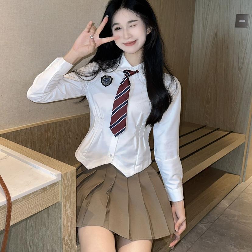 Women's Two-piece Matching Set Long Sleeve Shirt High Waist Pleated Skirt Japanese College Style Outfit