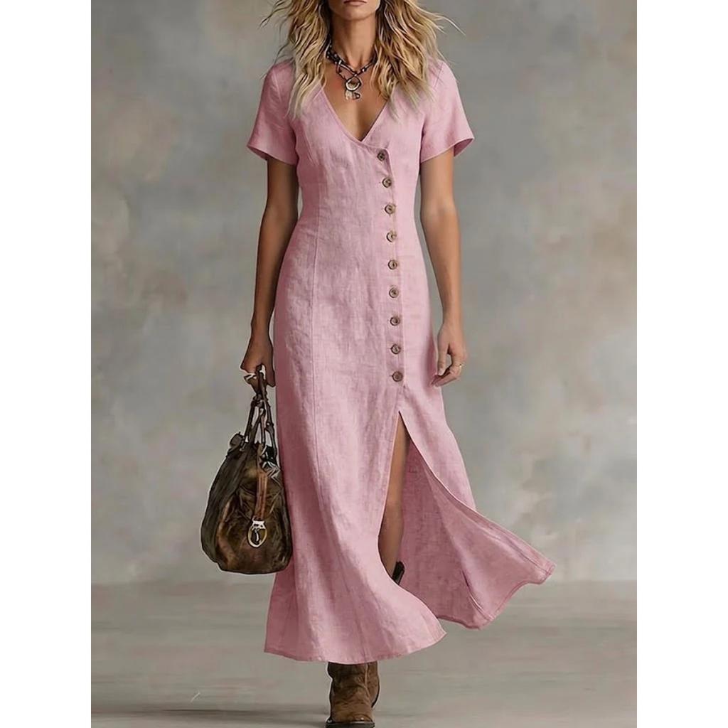 Summer Spring Cotton Linen Midi Dress, Casual Fashion Short Sleeve Button Dress for Women, European American Style Wholesale