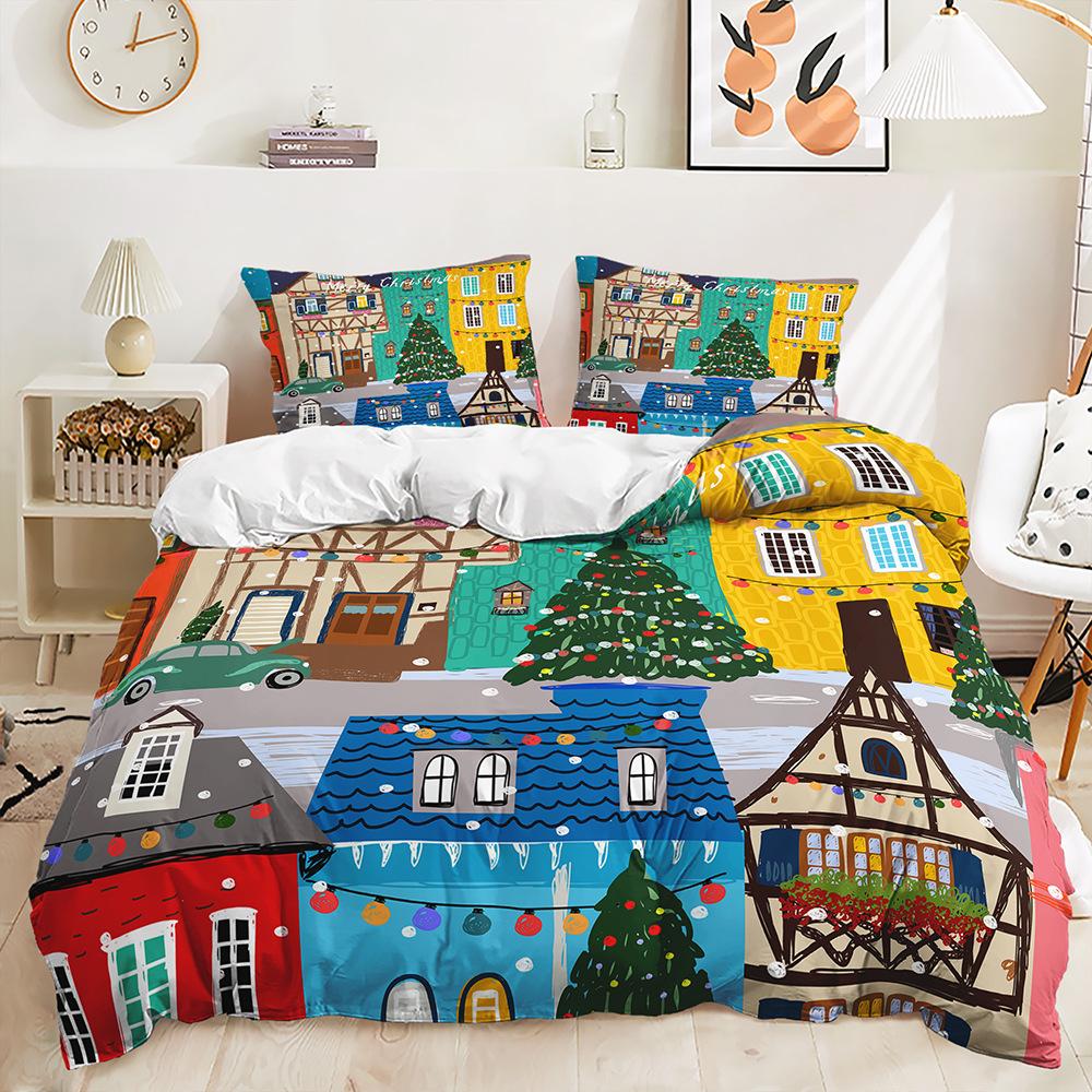 Bed Three-Piece Quilt Cover Christmas Illustration Kit Bedding