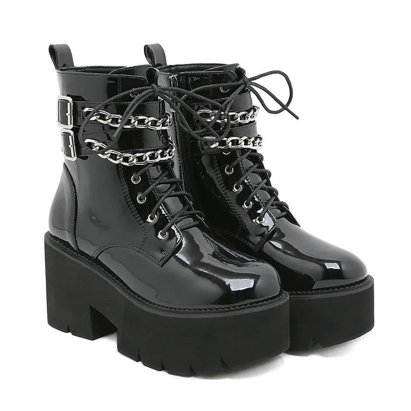 Leather Women Modern Boots Gothic Style Metal Bat Dark Black Platform Mid Calf Boots Chunky Heels Sexy High Heels