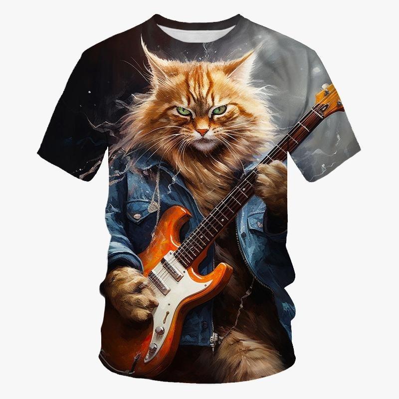 3d Print Guitar Bass Cat T Shirt For Men Animal Graphic T-shirt Hip-hop Personality Short Sleeves Round Neck Rock T-shirts