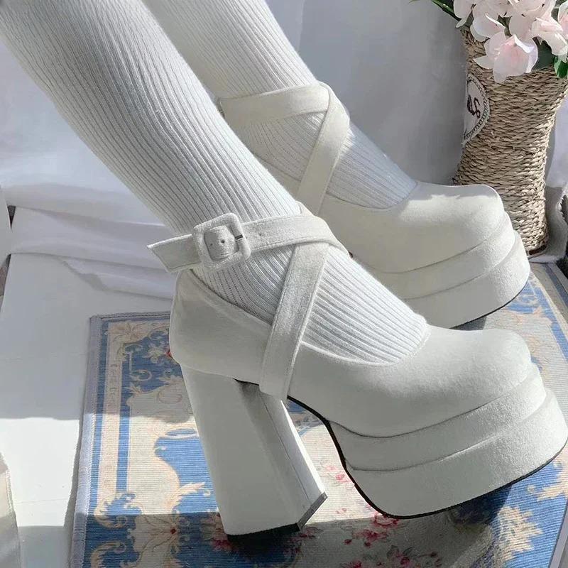 Projektant Mody Platforma Damskie Buty Mary Jane Buty Czółenka do Sukienki Moda Eleganckie Buty na Grubym Obcasie z Paskiem Krzyżowym Damskie Buty w Stylu Kolegialnym