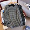 Plus Size Velvet Color Block Striped T-shirt: Korean Style, Long Sleeve, Loose Fit, Slimming & Warm Women's Top