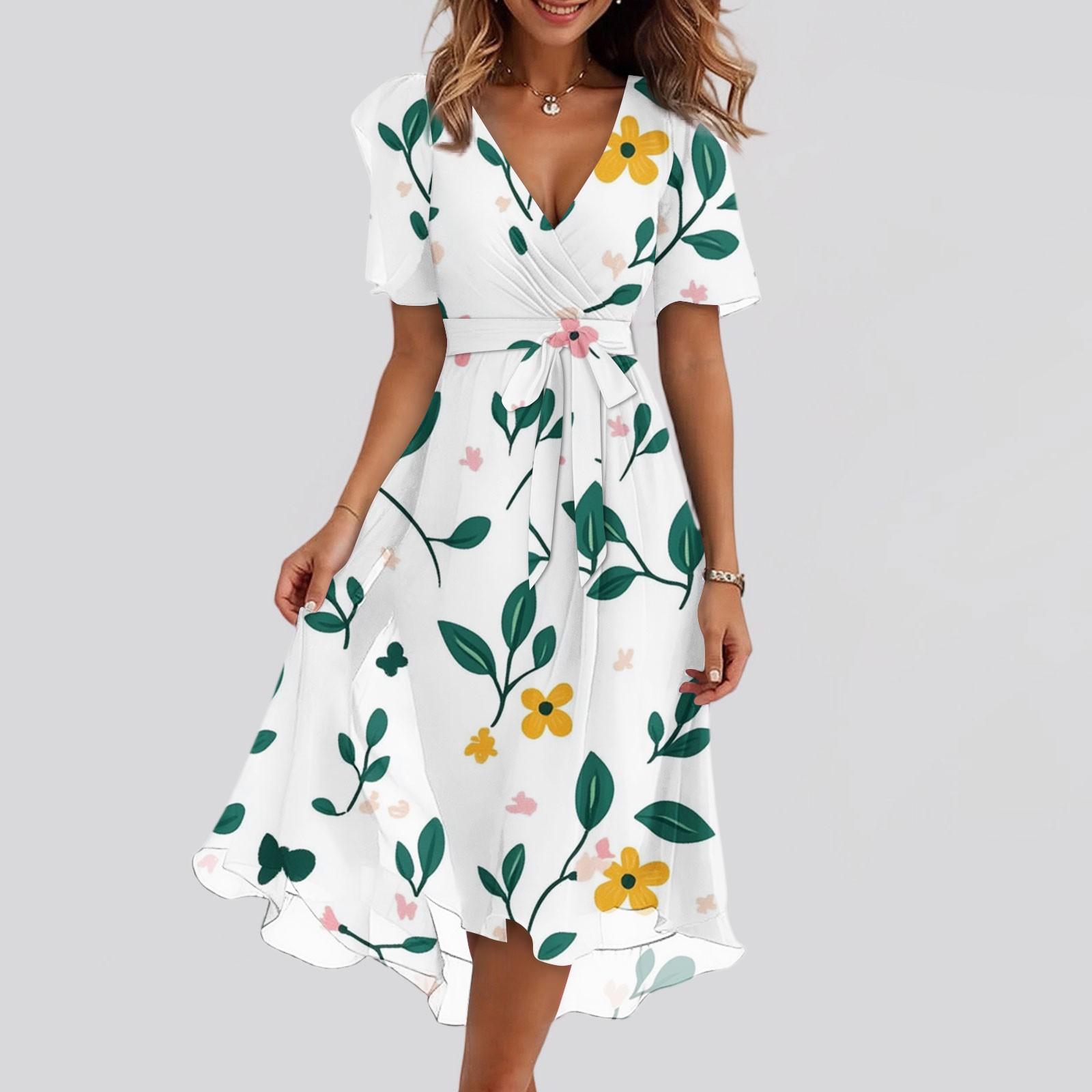 

Жіночий літній повсякденний сарафан міді з квітковим принтом, запахом, V-подібним вирізом, оборками, капюшоном, короткими рукавами, поясом, А-силуету, з оборкою по подолу M білий