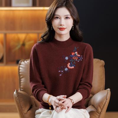 High-Grade Wool Sweater: Semi-High Collar, Fashionable Embroidery, Thick Knit for Middle-Aged/Elderly Women, Winter Warmth.