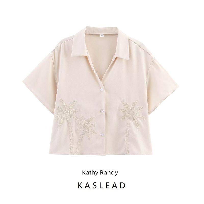 Kaslead New Women clothes Western Style Fashion Simple and Versatile Coconut Tree Embroidery Shirts