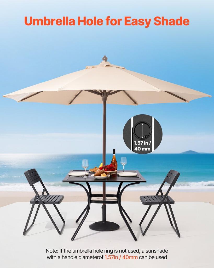 Garten-Esstisch, 94 cm quadratisch, Metall Stahlblech, Hinterhof Bistro-Tische, mit 38 mm Sonnenschirmloch, Außen Allwetter Große Möbel für Rasen