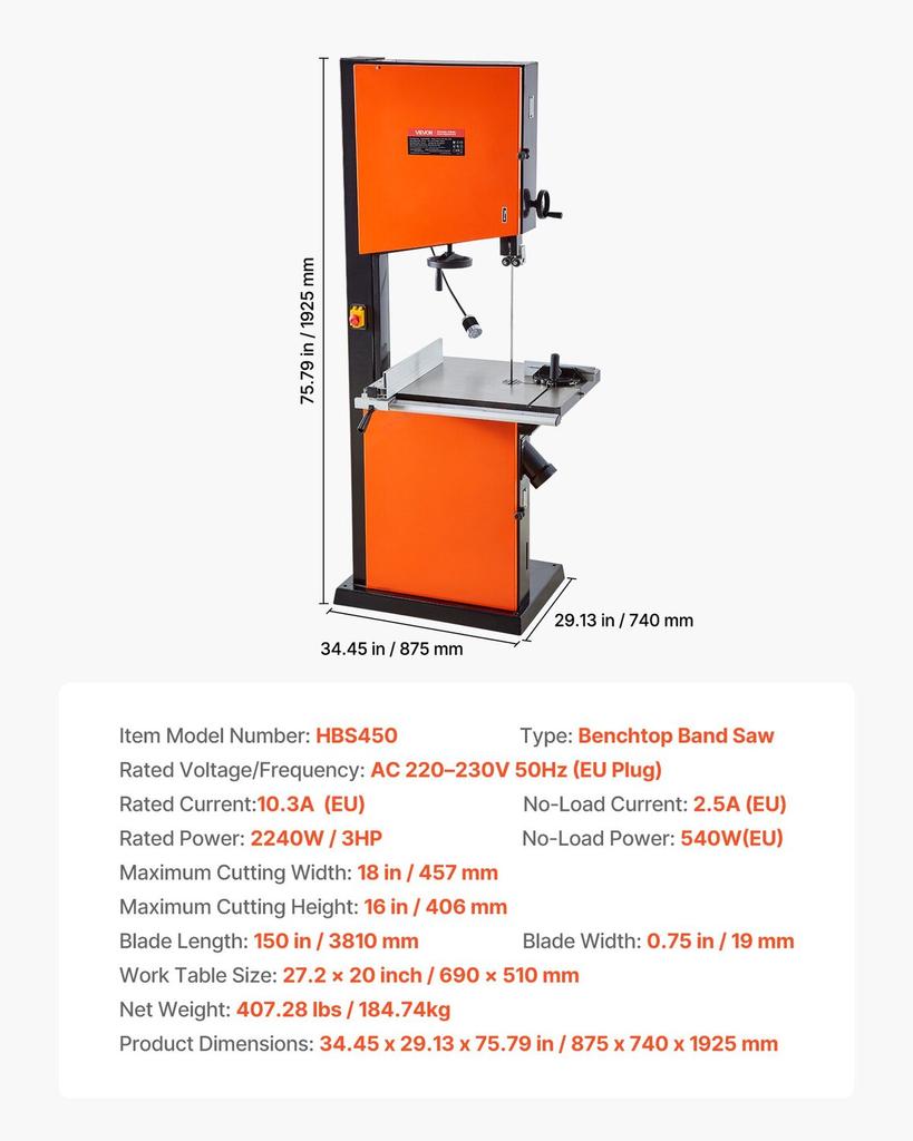 Holzbandsäge, 457 mm, Bandsäge mit 2240W 3PS Motor, 406 mm Maximale Schnitthöhe, 690 x 510 mm Gusseisentisch, mit 360° Arbeitslicht, Gehrung