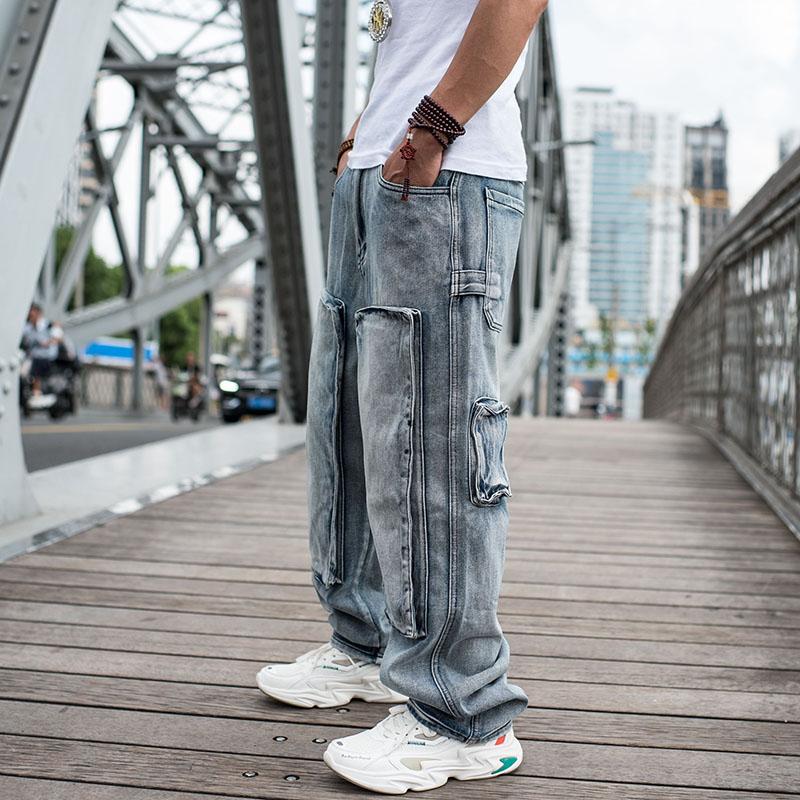 Jeans für Herren, gerade Jeans, Cargohose, Biker-Jeans, Herren, Baggy, lockere blaue Jeans