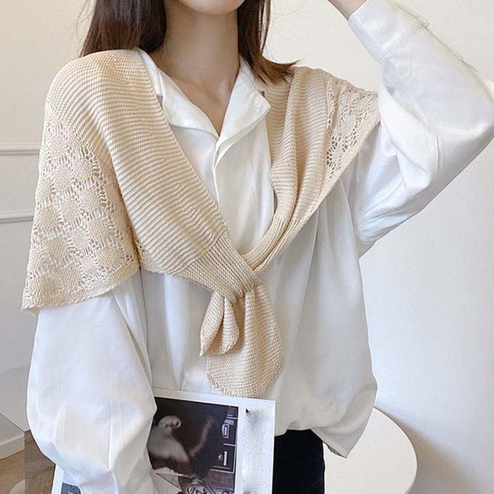 Solid Color Knitted Hollow Shawl Weave Blouse Shoulder Fake Collar Knot Scarves  Ladies/Girls