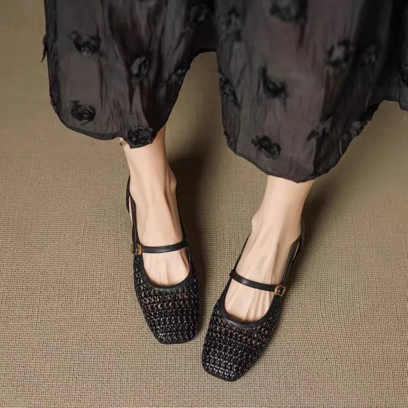 Scarpe Francesi Singole alla Moda Donna Primavera Estate Traforate Intrecciate Punta Quadrata Tacco Gatto Tacco Blocco Sandali Bianco Sporco