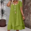 Women's Plus Size Casual U Neck Short Sleeve Double Layer Ruffle Hem Solid Color Loose Midi Dress