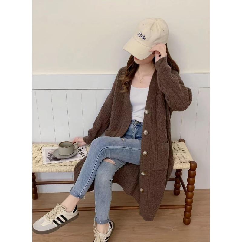 Long sweater jacket women's autumn new twist sweater cardigan long lazy thick knitted cardigan jacket