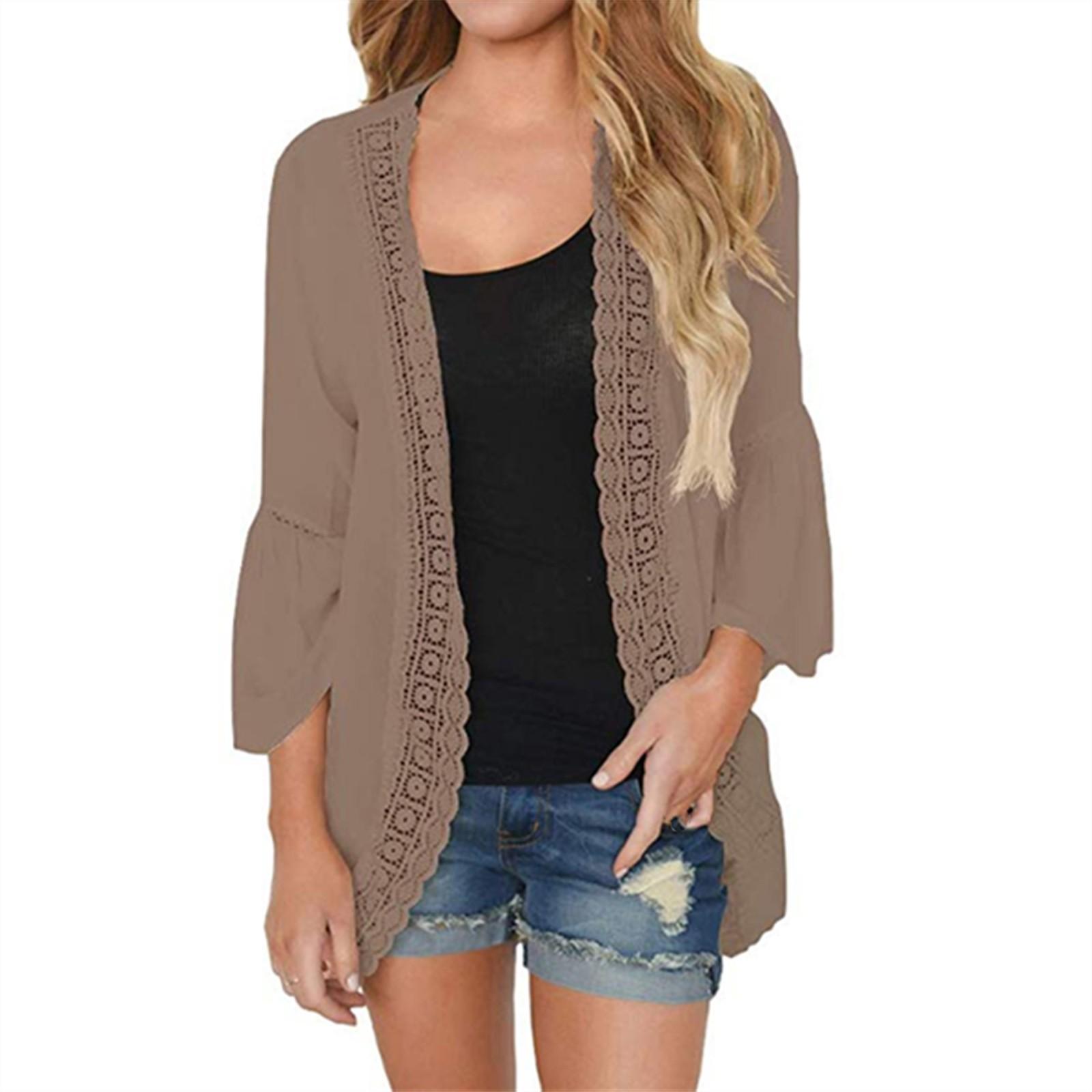 

Женский повседневный однотонный кружевной шифоновый кардиган с длинным рукавом, свободная блузка-кимоно, топы XL кофейный