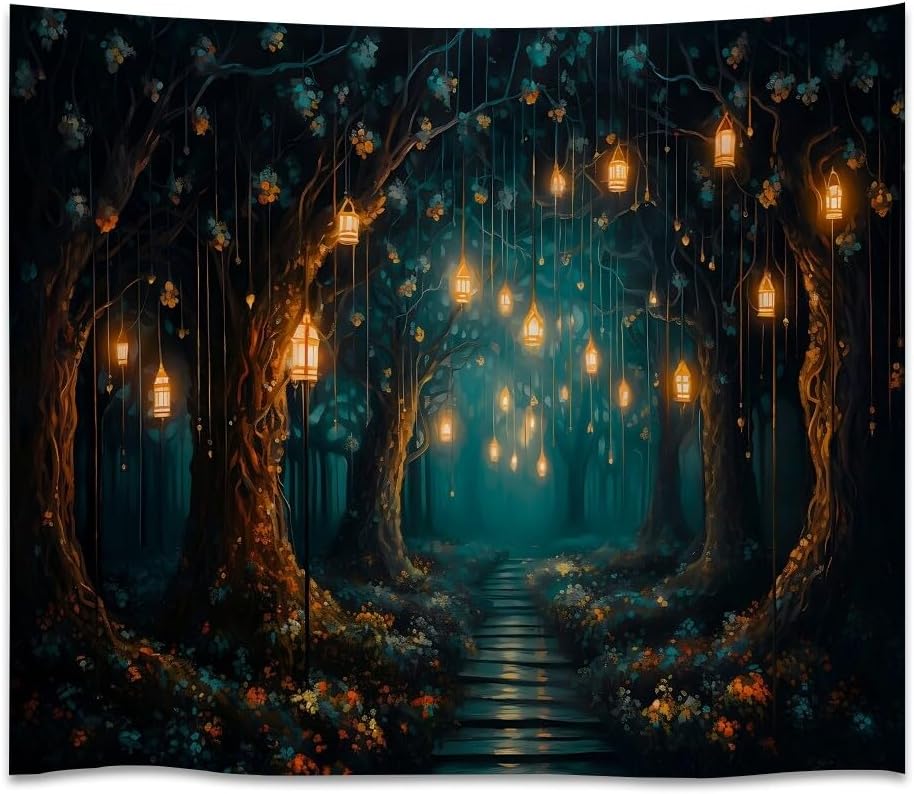 Gothic Enchanted Forest Art Tapestry Dark Academia Fantasy Lantern Aesthetic Tapestries Boho Vintage Wall Hanging Decor Bedroom