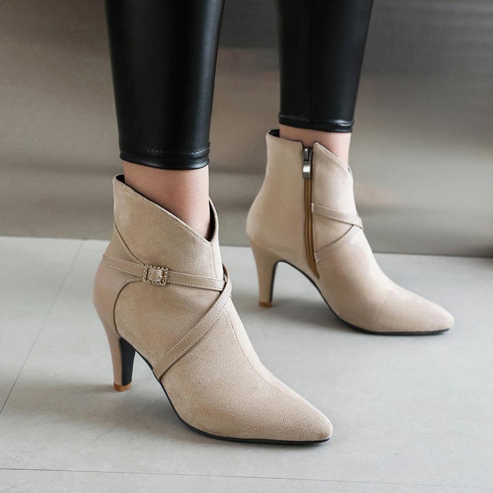 Spring Apricot Black Women Ankle Boots Pointed Toe High Spike Heel Small Big Size 33 47