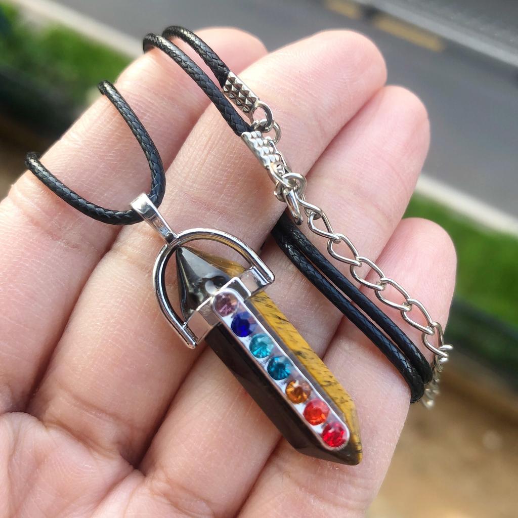 7 Chakra Healing Crystal Necklaces, Natural Hexagonal Chakra Crystal Gemstone Pendant Necklaces, Pointed Quartz Stone Jewelry
