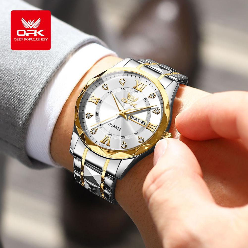 OPK Brand Men's Steel Strap Quartz Watch Dual Calendar Waterproof Night Light 6023