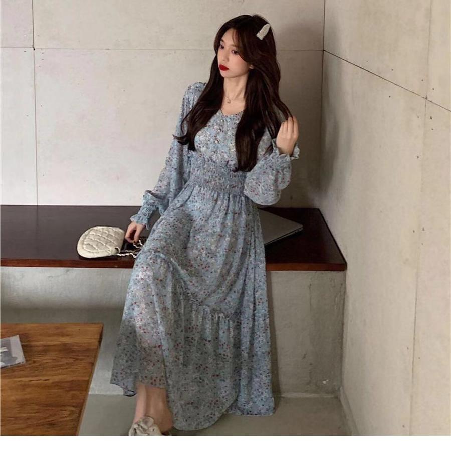 New Spring/Autumn Long Sleeve Waist Slimming High Waist Display High-Waisted Floral Chiffon Dress Long Dress