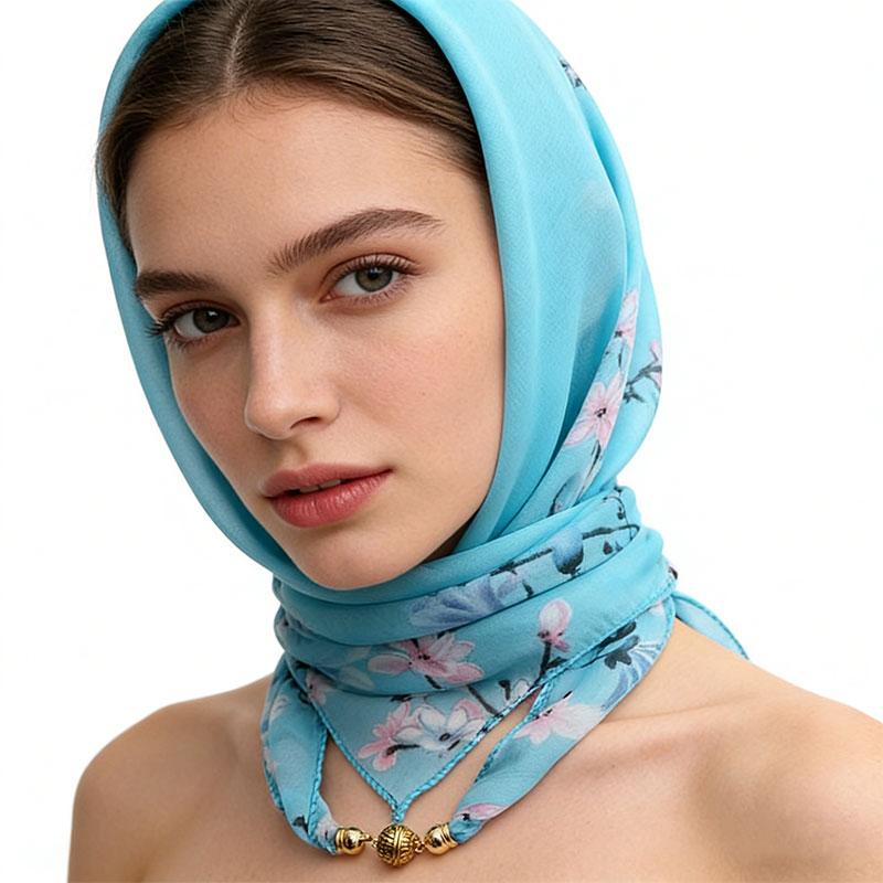 1Pc Scarf Versatile 65CM Fashion Magnetic Clasp Gift Neck Scarf Sweet Printed Chiffon