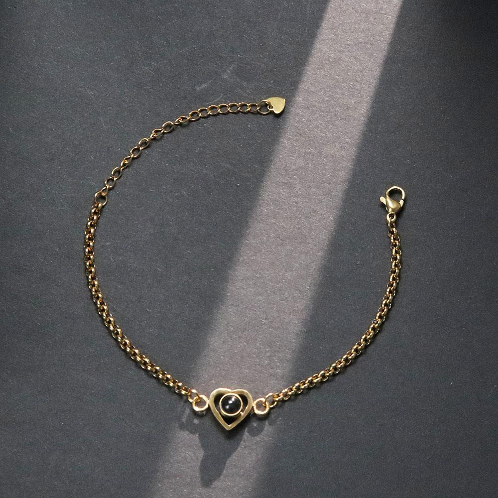 Silver/Gold Color Projection Photo Heart Bracelet with Stainless steel a chain Heart Bracelet Bangle Jewelry for Men Women