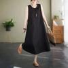 Womens Black Sleeveless Maxi Dress Casual Round Neck A-Line Cotton Linen Tank Dress