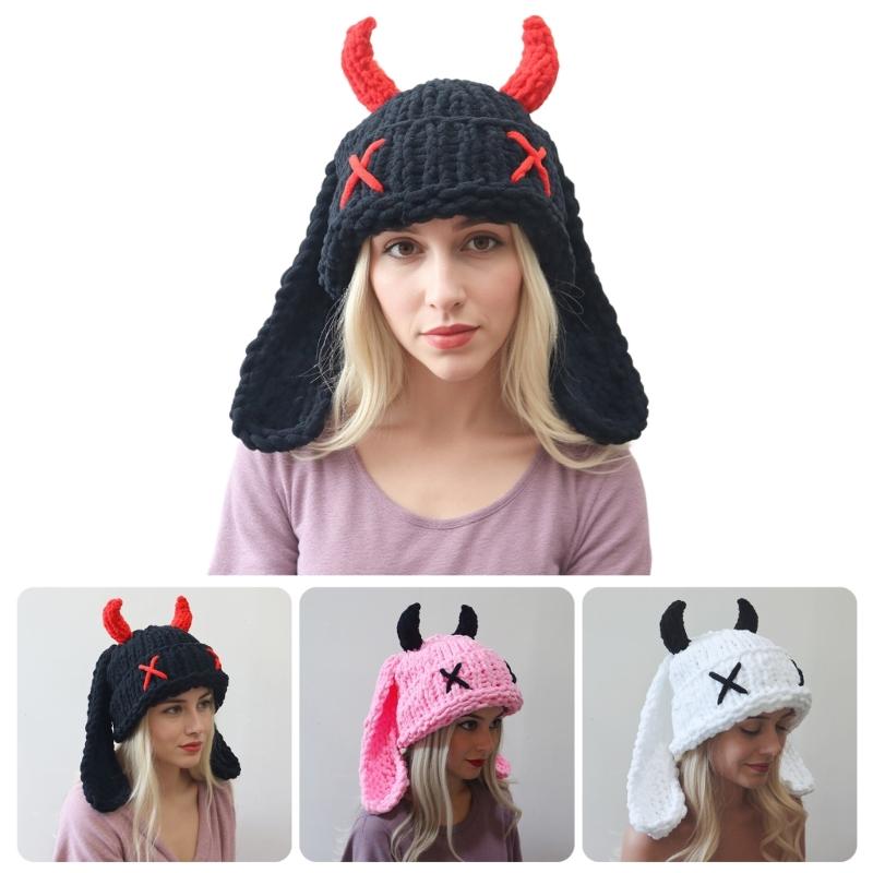 Funny Devil Horns And Rabbit Ears Soft Hat For Christmas Halloween Cosplay Costume Party