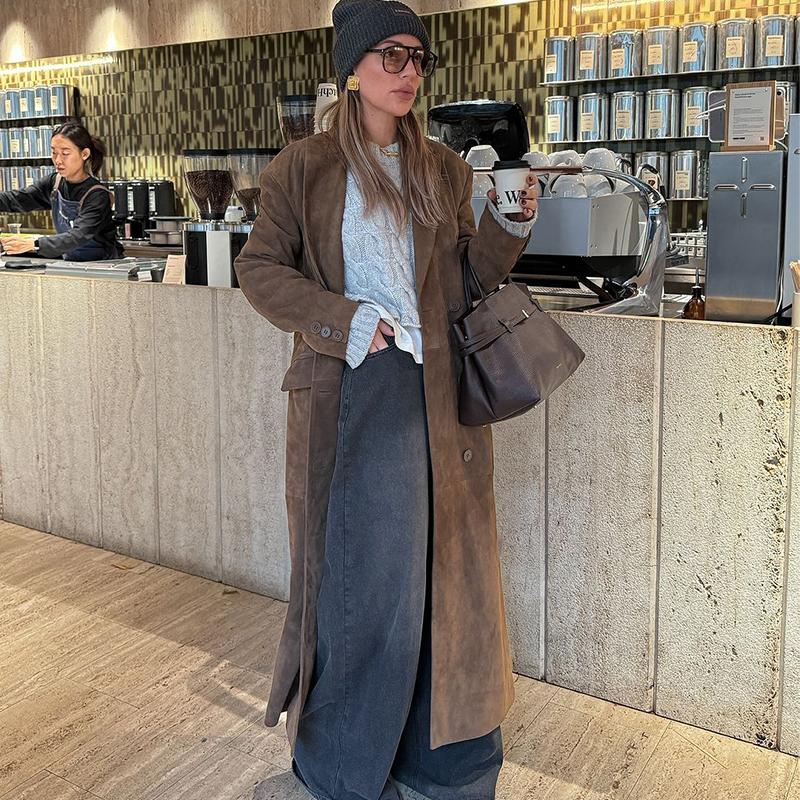 Wildleder Reversmantel Damen Winddicht und Warm Gerader Röhrenmantel Elegant Britischer Stil Pendler Oberbekleidung Herbst/Winter 2025