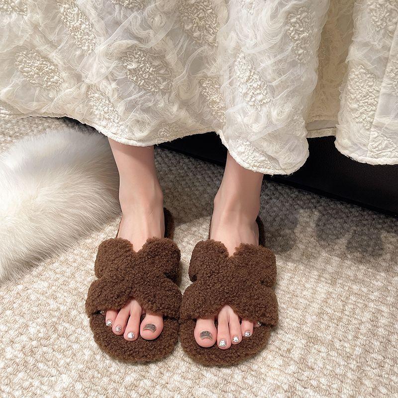 Mao Mao Slippers Women Wear Autumn and Winter 2025 New Super Fire Internet Celebrity Teddy Wool Flat Lamb Wool One-word Cotton Mop