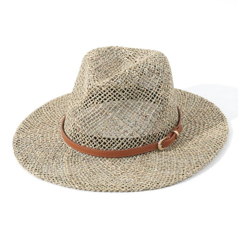 Cappello da Sole Estivo in Erba Marina Intrecciata, Punta con Cinturino in Pelle, Moda Europea Americana Nuova Esportazione