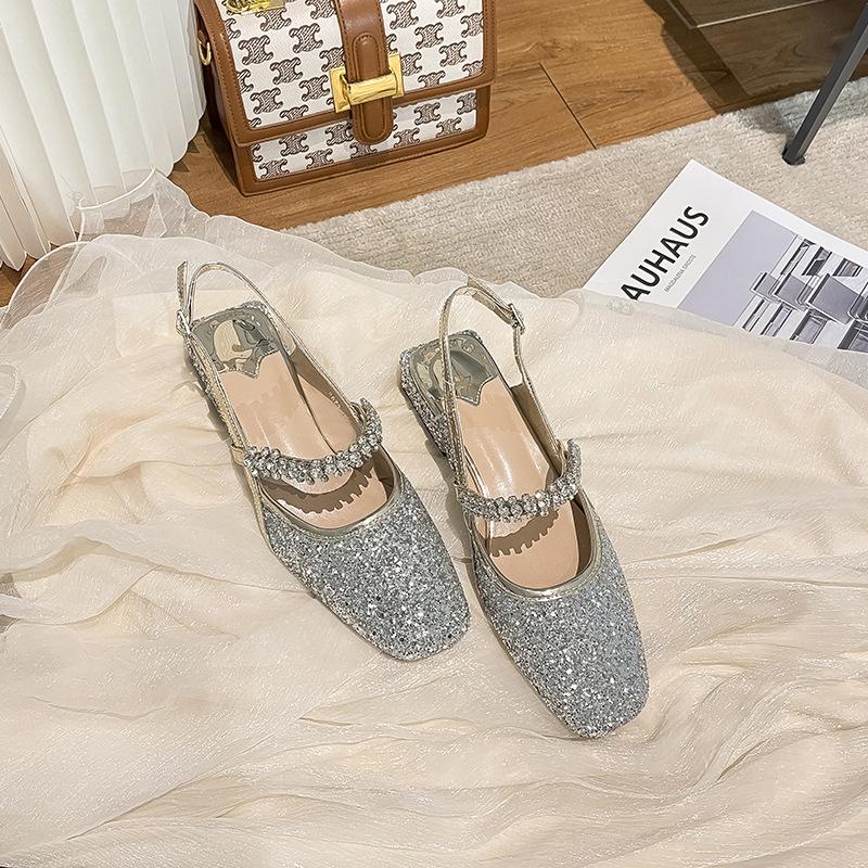 Qiangshengda 2025 square head microfiber leather rhinestone rear empty thick heel sandals women Mary Jane low heel comfortable