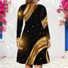 Women Plus Size V Neck Long Sleeve Printed Black Green Gold A Line Dress