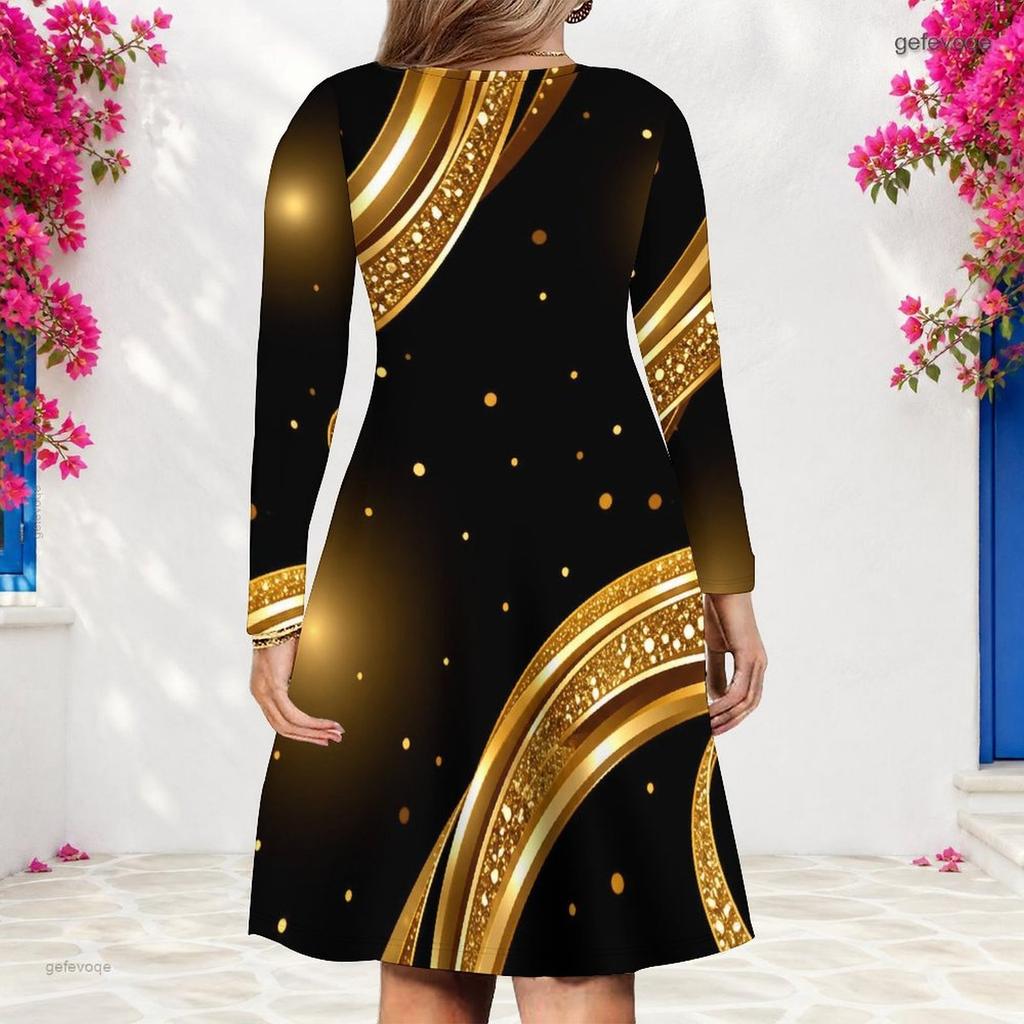 Women Plus Size V Neck Long Sleeve Printed Black Green Gold A Line Dress