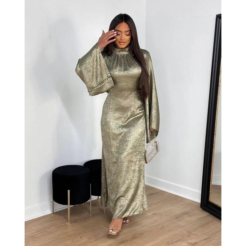 

Middle East Dubai Turkey National Fashion Patchwork Elegance Turtleneck Dress High Necked Dress Olive green L