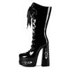 15cm Platform Hollow Boots Square High Heel Patent Leather Cross Tied Ribbon Side Zipper Long Shoes Dark Punk Black Lolita Shoes