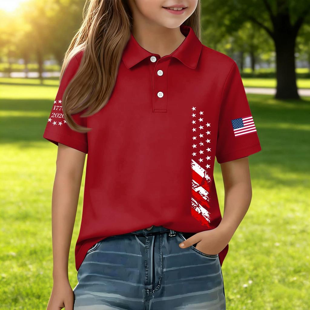 Kids Casual Short Sleeve Polo Shirt with Patriotic Flag Print Lightweight Breathable Cotton Blend Summer Tee for Boys and Girls