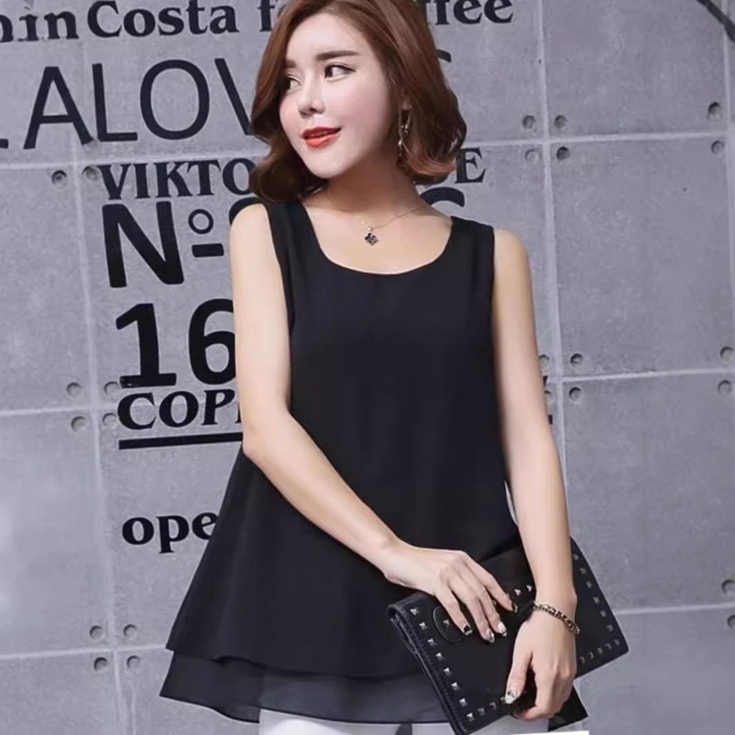 

Plus Size Women s Chiffon Sleeveless Camisole – Spring/Summer Loose Round Neck Top XL чорний