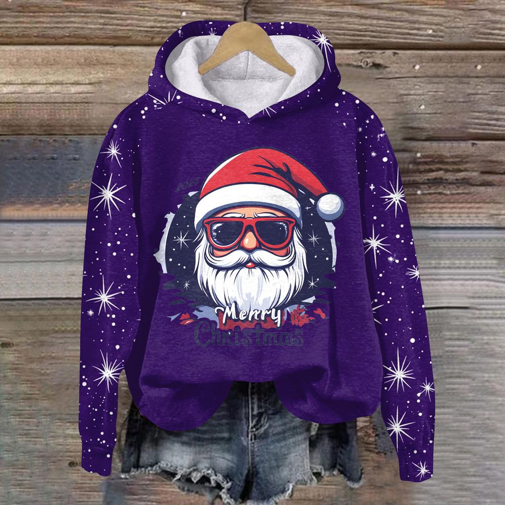 Women's Fashion Casual Pullover Plug Sleeve Christmas Printed Hooded Sweatshirt