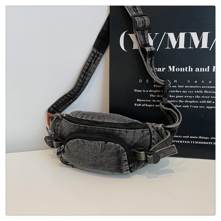 Damenmode Blau gewaschener Denim Hüfttasche Crossbody Brust Schultertasche Verstellbarer Riemen Reißverschlusstaschen Reise Sport
