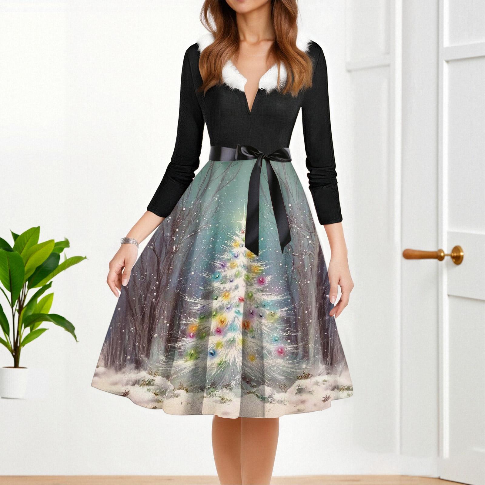 

Женское модное повседневное платье приталенного кроя с круглым вырезом, рождественским принтом и длинными рукавами XL